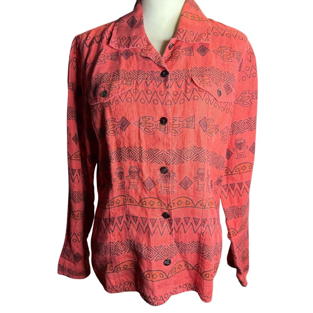 Chico's 100% Linen Aztec Tribal Print Button Up Shirt, Women's Size Small/Medium